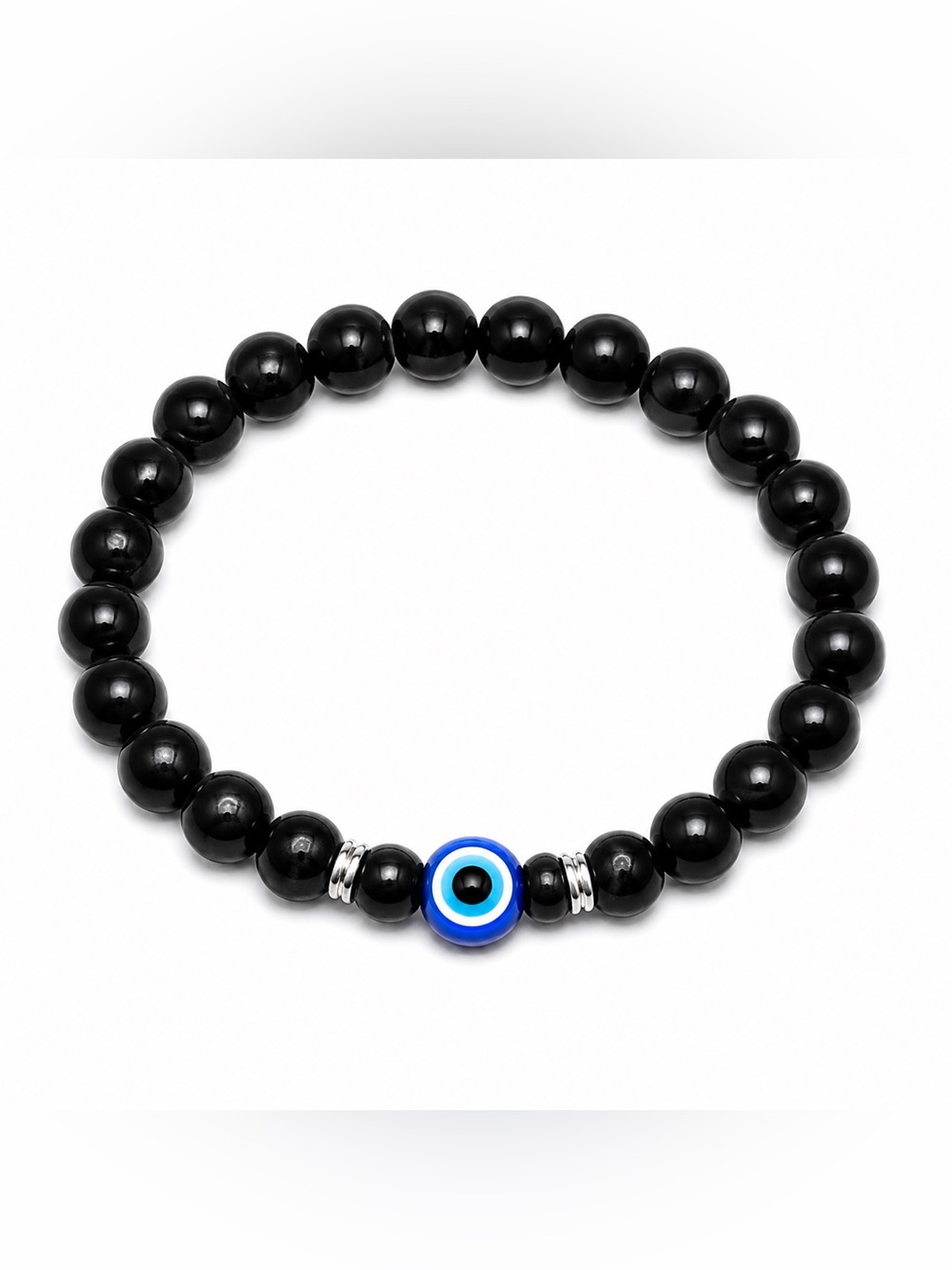 🧿🖤Black Beaded Men's Bracelet with Blue Evil Eye Accent #80